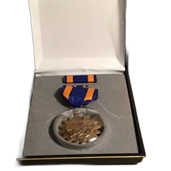 U.S. Air Medal W/ Ribbon, Lapel Pin and Display Box. Recipient's Name Engraved